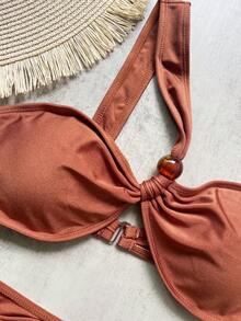 Bộ đồ bơi bikini hở lưng màu trơn đi biển mùa hè cho nữ - màu nâu - Xem 3