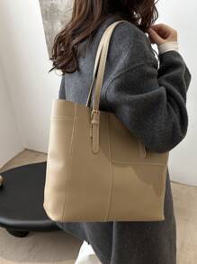 A Retro Fashion Large Capacity Tote Bag, Zip Opening, Stitching, Solid Colour Soft Surface, Lightweight Shoulder Bag. Suitable For Ladies Daily Life Leisure, Commuting, Holiday, Work Use