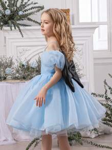 Young Girls Elegant Bowknot Strap Dress, Delicate Princess Dress Suitable For Flower Girl, Wedding, Party, Birthday, Prom And Other Formal Occasions - Blue - View 7