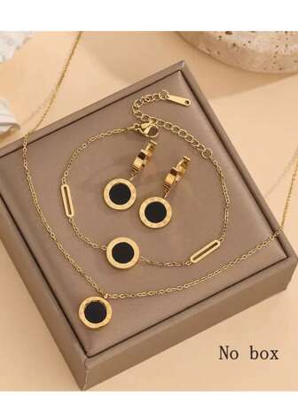 1 套经典时尚风格不锈钢吊坠项链、手链和耳环，饰有嵌入式圆形亚克力件和雕刻罗马数字，适合女性日常穿着或通勤装