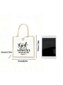 Simple Pattern Christian Printed Linen Tote Bag, Perfect For Travel And Vacation, Best Gift To Express Faith, Button Decorated Shopping Bag Double Handle, Tote Bag, Reusable, Suitable For Wedding, Birthday, Beach, Festival, Perfect For Graduates, Teens, Freshmen, Sophomores, Teens, College And High School, Outdoor, Travel And Back To School