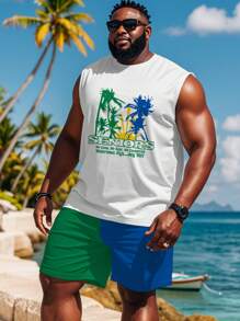 Bộ đồ không tay cỡ lớn dành cho nam, áo thun không tay và quần short bằng polyester, cổ tròn, vải dệt kim, họa tiết cây cọ bãi biển, trang phục mùa hè. - Nhiều màu - Xem 5