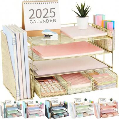 Gianotter Desk Organizers And Accessories With File Holder, 4-Tier Desk Accessories & Workspace Organizers With Drawer And 2 Pen Holder, Paper Organizer Office Supplies (Black)2025