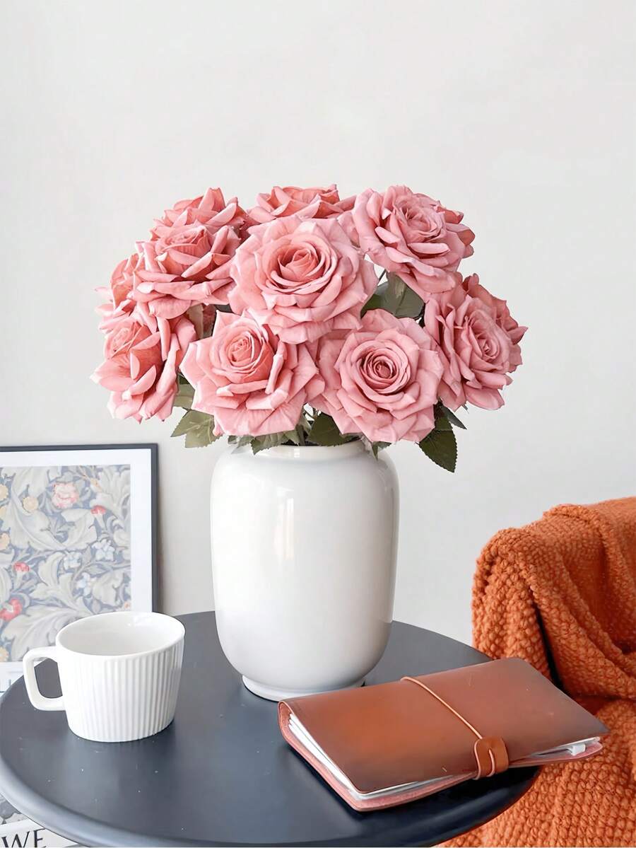 9 Heads Roses Artificial Silk Flowers, Fake Roses With Long Stems Realistic Faux Rose Bouquets For Wedding Decorations Bridal Shower Centerpieces Floral Arrangements Party Home Table Decor Valentine'S Day Gift Party Birthday,Mother'S Day Gift - 粉色 - 查看 1