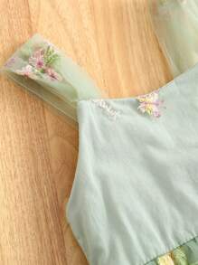 1 件女婴迷人优雅奢华淑女甜美公主花卉刺绣薄纱芭蕾舞裙带蝴蝶结装饰，适合派对、节日、生日、所有季节 - 綠色 - 查看 4