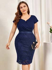 Plus Sweetheart Contrast Floral Lace Hem Semi Formal Party Bodycon Dress, For Cocktail - Navy Blue - View 8