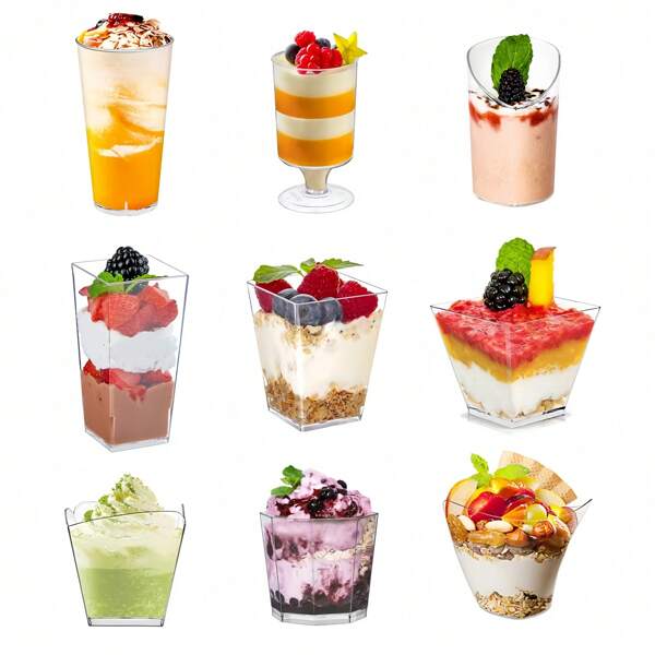 Verschiedene Stile von optionalen Dessert-Bechern, transparente Gelee-Becher, Eisbecher, Pudding-Mousse-Becher, wiederverwendbar, geeignet für Geburtstage, Hochzeiten, Partys, Treffen, Feiertagsveranstaltungen