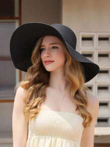 1pc Women's Solid Color Wide Brim Bohemian Style Outdoor Straw Hat - Black - View 3