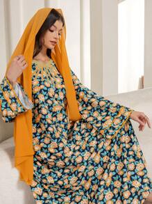 Women Arabic Print Long Sleeve Dress For Spring & Summer,Modest - Yellow - View 1