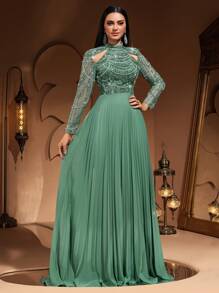 Đầm AMILUCK cao cấp, sang trọng, thanh lịch với chất liệu chiffon xếp ly, đính sequin và ren, dáng chữ A, thích hợp cho các buổi dạ tiệc trang trọng, tiệc tùng, trang phục dự đám cưới. - Màu xanh Bạc hà - Xem 2