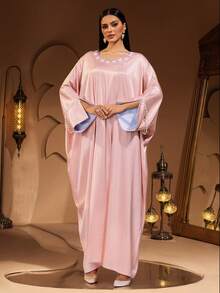 New Fashionable Luxury Elegant Pearl Embroidered Lace Collar Tassel Splice Women's Arabic Robe - Pink - View 5