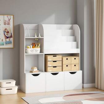 42.5'' Kids Bookcase, Bookshelf And Toy Organizer, Multifunctional Bookcase With 5 Storage Cubbies And 3 Movable Drawers, Toy Storage Organizer For Kids Bedroom, Playroom, Nursery, White