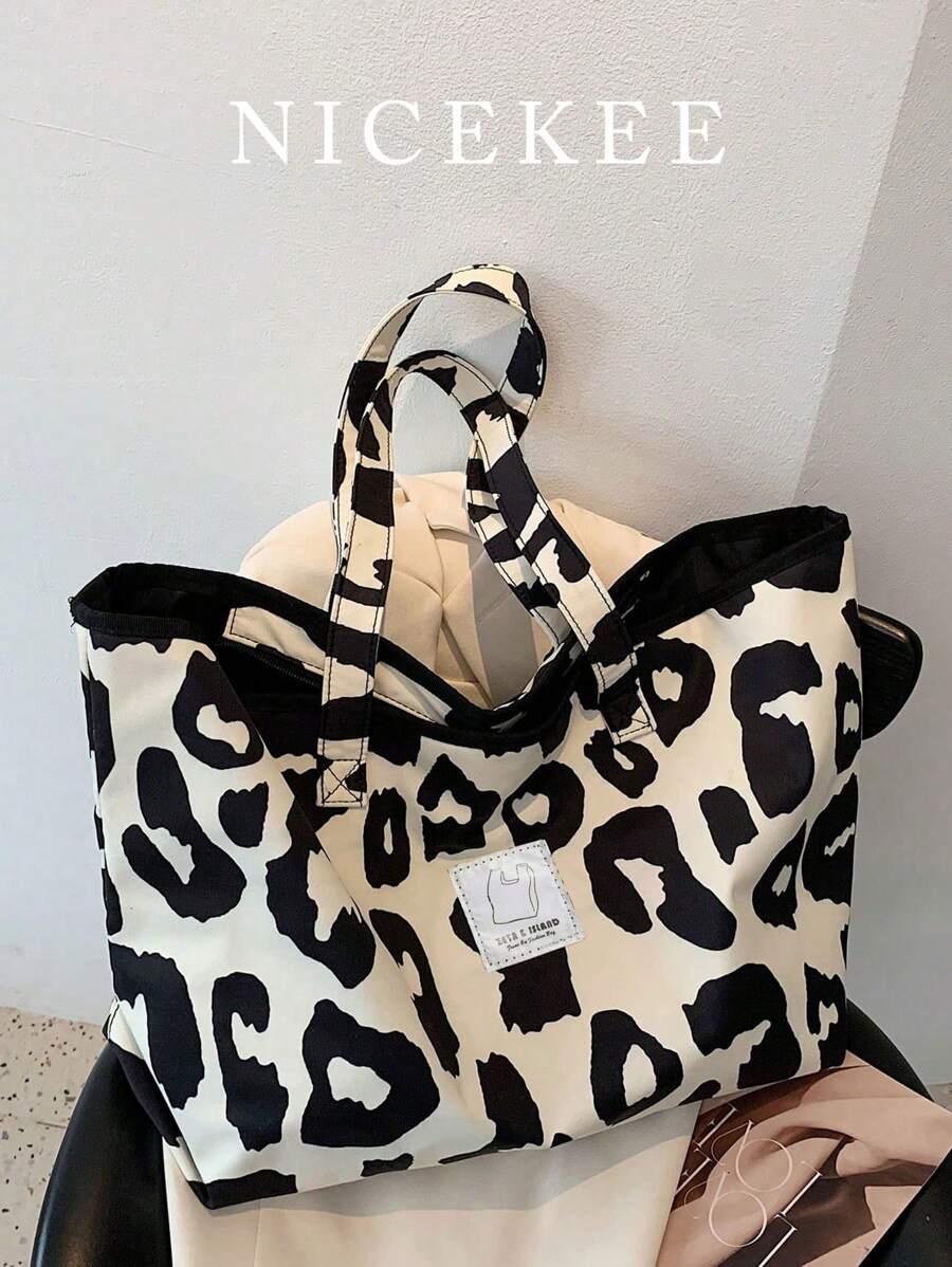 Túi Tote In Họa Tiết Bò Thiết Kế Ngách, Túi Đeo Vai Nhẹ Thời Trang Di Động, Túi Nữ Phong Cách Retro Thường Ngày Phổ Biến, Thích Hợp Đi Làm, Cắm Trại Và Lưu Trữ - Đen và trắng - Xem 1