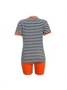 2pcs Summer New Fashion Striped Print Casual Sportswear Set For Women - Orange - View 2