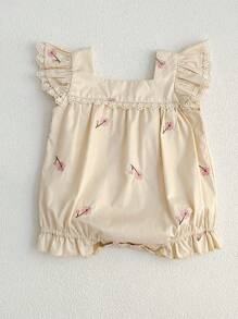Baby Girls Lace Collar Embroidery Bodysuit With Cap Sleeves - Apricot - View 3