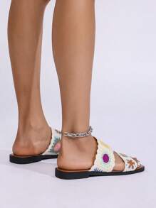 New Square Toe Flat Sandals For Plus Size Women, Retro Woven Knitted Pattern Strap, Comfortable Slip-On House Slippers, Suitable For Summer, Beach, Vacation