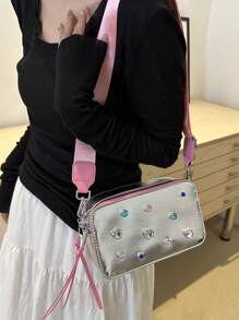 1pc Dopamine Colorblock PU Letter Patchwork Camera Bag With Dual Zipper, Adjustable Strap, Fashionable Women Crossbody Bag - Bright silver - View 3