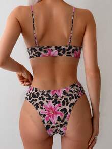 Sexy Floral & Leopard Print Ruched Bikini Set - Multicolor - View 4