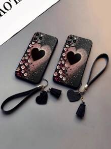 1pc Perforated Edgy Floral & Heart Decorative Thickened Shockproof Painted Phone Case With Detachable PU Leather Heart Wrist Strap, DIY Phone Case Accessory, Leather Tassel Pendant Wristband Compatible With IPhone Galaxy Redmi Waterproof Anti-Fall Scratch Resistant