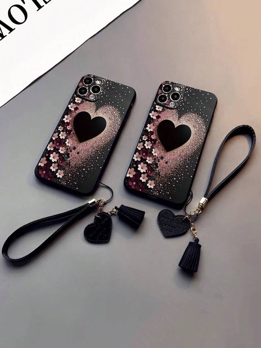 1pc Perforated Edgy Floral & Heart Decorative Thickened Shockproof Painted Phone Case With Detachable PU Leather Heart Wrist Strap, DIY Phone Case Accessory, Leather Tassel Pendant Wristband Compatible With IPhone Galaxy Redmi Waterproof Anti-Fall Scratch Resistant