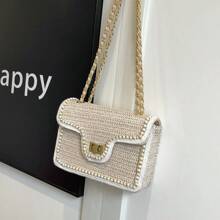 Women's Hand Woven Straw Woven Handbag, Lightweight Beach Summer Beach Vacation Shoulder Handbag, Pearl Edging, Fashionable And Simple Flip Top Crossbody Small Square Bag - Beige - View 9