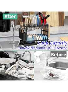 1 Set 2-Tier Stainless Steel Dish Drying Rack With Drainage Tray, Adjustable Dish Drainer For Kitchen Counter, Rotatable Drainage System - Multicolor - View 10