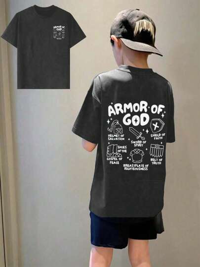 Tween Boy Funny Print Crew Neck Short Sleeve T-Shirt, Casual Summer Top