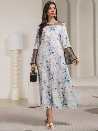 Women Floral Print Mesh Patchwork Long Sleeve Dress, Spring/Summer