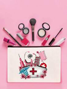 Sac de rangement thème infirmière, sac de beauté, trousse de maquillage avec motif de casquette d'infirmière, tube à aiguille, pilule, sac de perfusion, stéthoscope - Un cadeau parfait pour les infirmières ! Peut ranger les cosmétiques, les outils de beauté, le vernis à ongles, les pilules et d'autres articles, adapté pour sortir