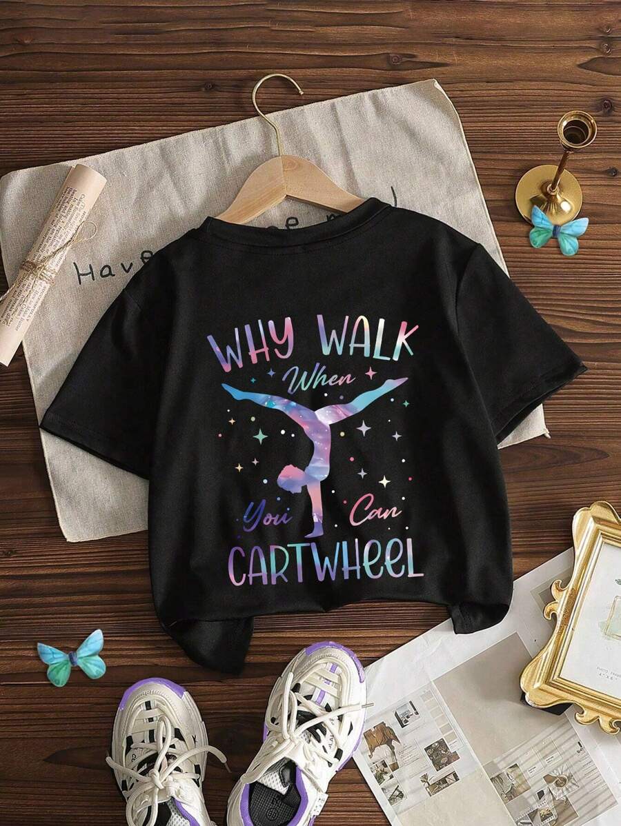 Tween Girls Playful Slogan Tee With Gymnastics Graphic,Spring Summer Dance Class Style,Girls Clothes Tween Tops - Black - View 1