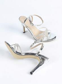 Strap Rhinestone Decor Sandals For Women, Sexy Open Toe Lace-Up High Heel Shoes For Summer - Silver - View 5