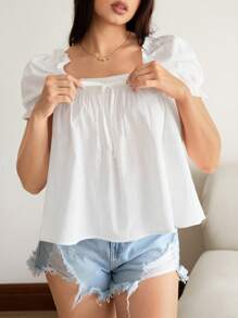 Blusa de cuello cuadrado con mangas abullonadas - Blanco - Ver 1