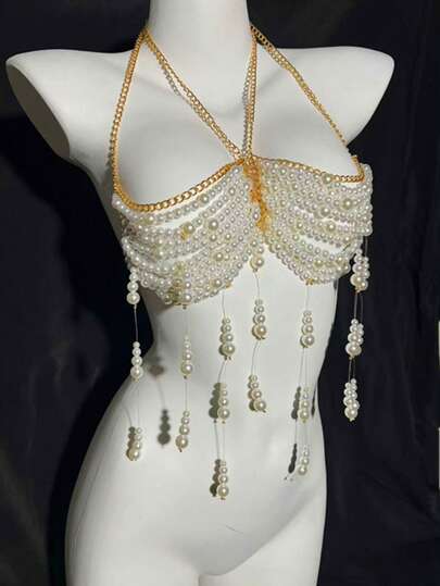 1件性感珍珠装饰胸链项链，女士珍珠胸链，时尚连衣裙腰带，优雅身体饰品配饰