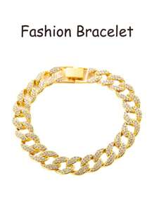 Personalized Fully Rhinestone Decorated Men Hiphop Cuban Chain Bracelet, European And American Fashion Style, Suitable For Men - Gold - View 1