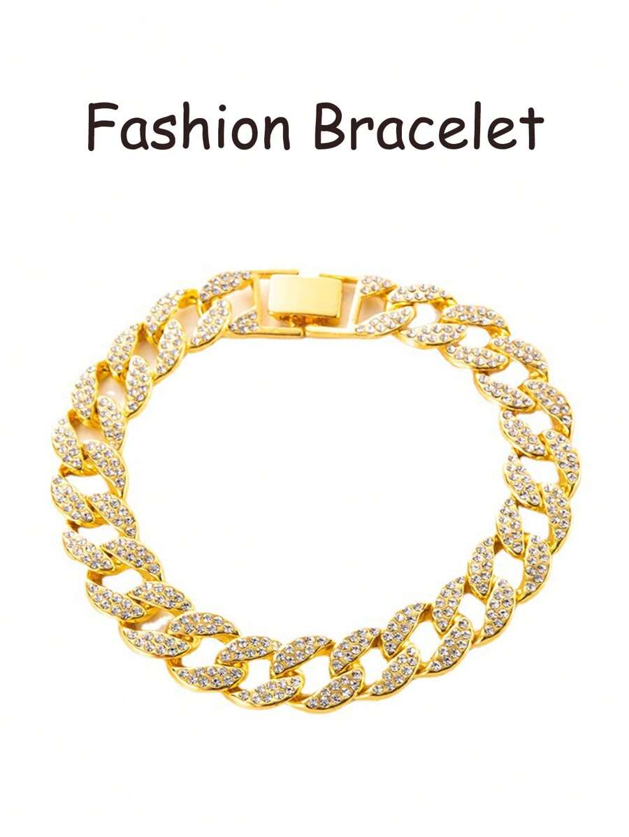 Personalized Fully Rhinestone Decorated Men Hiphop Cuban Chain Bracelet, European And American Fashion Style, Suitable For Men - Gold - View 1