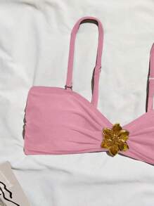 Women's Sexy Solid Color Halter Bikini Top With Knot, Perfect For Beach And Summer Sexy Solid Color Bandeau Bikini Top With Metal Flower Decor, For Swimming Pool & Beach, For Summer Vacation,Removable Swimwear Pads,Holiday Outfits,Beach,Summer Tops,Summer Outfits,Festival,Ibiza Outfits,Swimwear Women,Bikini,Swimming Costume Women,Beach Wear Women,Swimsuit,Vacation Outfits,Summer Top - Baby Pink - View 7