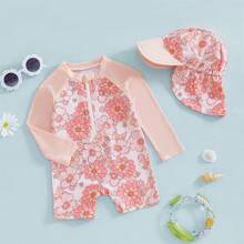 Toddler Baby Girl One Piece Swimsuit UPF 50+ Sun Protection Long Sleeve Rash Guard Bathing Suit Swimwear Sunhat Set - Baby Pink - View 2