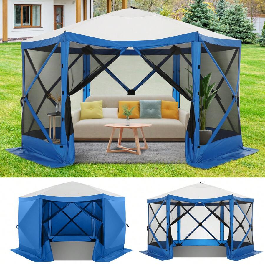 tooluck 12x12ft Pop Up Gazebo Screen Tent Screen House Canopy Pavilion For Camping Outdoor Screened Gazebo With Sidewalls Portable Hub Tent With Carrying Bag And Ground Stakes - Blue - View 1