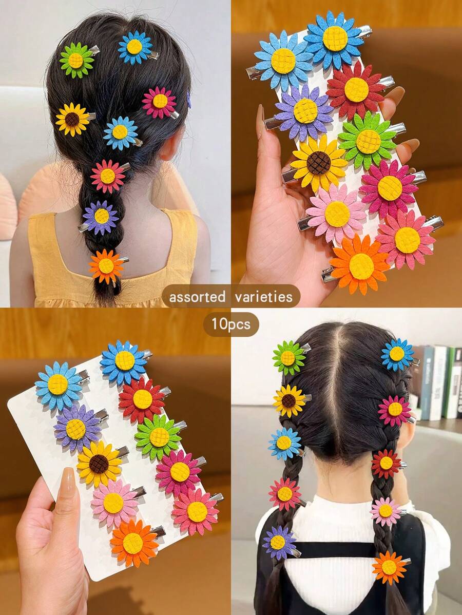 10pcs Random Color Cute Sunflower Hair Clips, Suitable For Everyday Wear - Multicolor - View 1