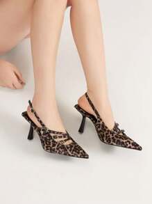 Tacones altos de mujer con puntera puntiaguda, estampado de leopardo y cierre ajustable con hebilla, tacones altos con estilo - LEOPARDO - Ver 6