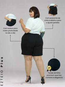 Women's Plus Size Linen Shorts With Elastic And Tailored Pockets - màu đen - Xem 3