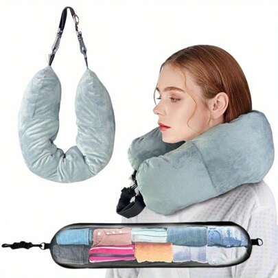 1pcBreathable Portable Travel Pillow With Storage Bag, Small Volume, Convenient Neck Support, Ideal For Travel Accessories, Travel Essentials, Suitable For Travel And Outings