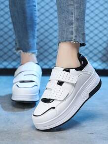 2025 Kids Unisex Wheeled Skate Shoes, Outdoor Sports Leisure Sneakers For Youth Teenagers, Hook-And-Loop Anti-Slip Contrast Color, Size 31-40 - Black and White - View 6