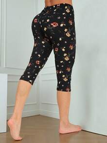 女士休闲时尚百搭 3/4 长度紧身裤，黄色花卉图案，柔软舒适弹力修身裤，适合健身、瑜伽、户外活动、居家、旅行