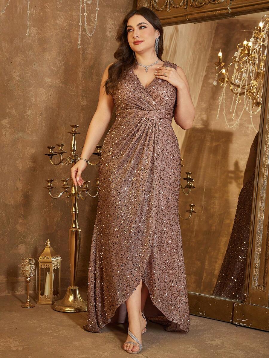 UNITHORSE Plus Size Sleeveless V-Neck Ruched Front Sparkly Sequin Slit Elegant Evening Gown, Party Dress, Wedding Guest Dress, Formal Dress, Evening Dress, Bride Dress, Birthday Women Outfits, Graduation Dress - 咖啡棕 - 查看 1