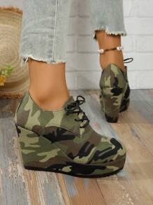 时尚系带厚底休闲鞋，坡跟厚底高跟鞋，大码女鞋，春秋季 - 軍綠色 - 查看 5