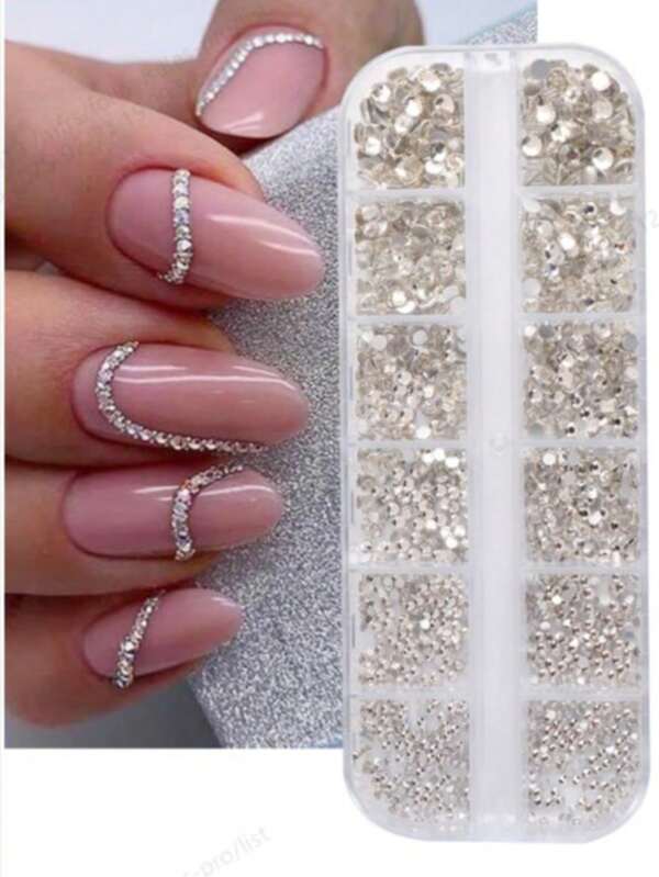 12 Fächer weiße Nagelkunst Strass, gemischte Größen 6 Kristall Diamant Nageldekoration DIY Glasstein Flachboden DIY Ornament Nagel Accessoires