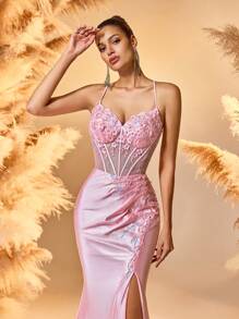 美人鱼细肩带贴花舞会晚礼服甜心透视粉色派对礼服、婚礼宾客礼服、正式礼服 - 淺粉色 - 查看 7