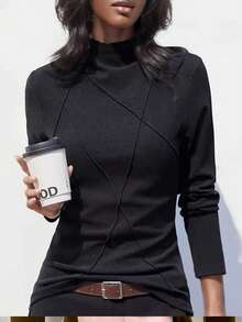 Thermal Lined High Neck Base Layer Top For Women, Contrasting Fishbone Pattern Insert Design, New Autumn/Winter Arrival - Black - View 5