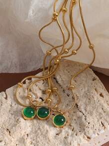 TONSI 1 件复古法式天然石圆形吊坠项链，18k 镀金钛钢项链，简约百搭女士配饰，适合日常佩戴和聚会